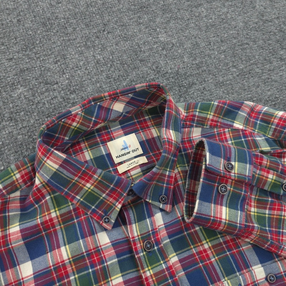 Johnnie O Shirt Mens Large Blue Plaid Tex Hangin Out Beach Preppy Surfer Surf‎